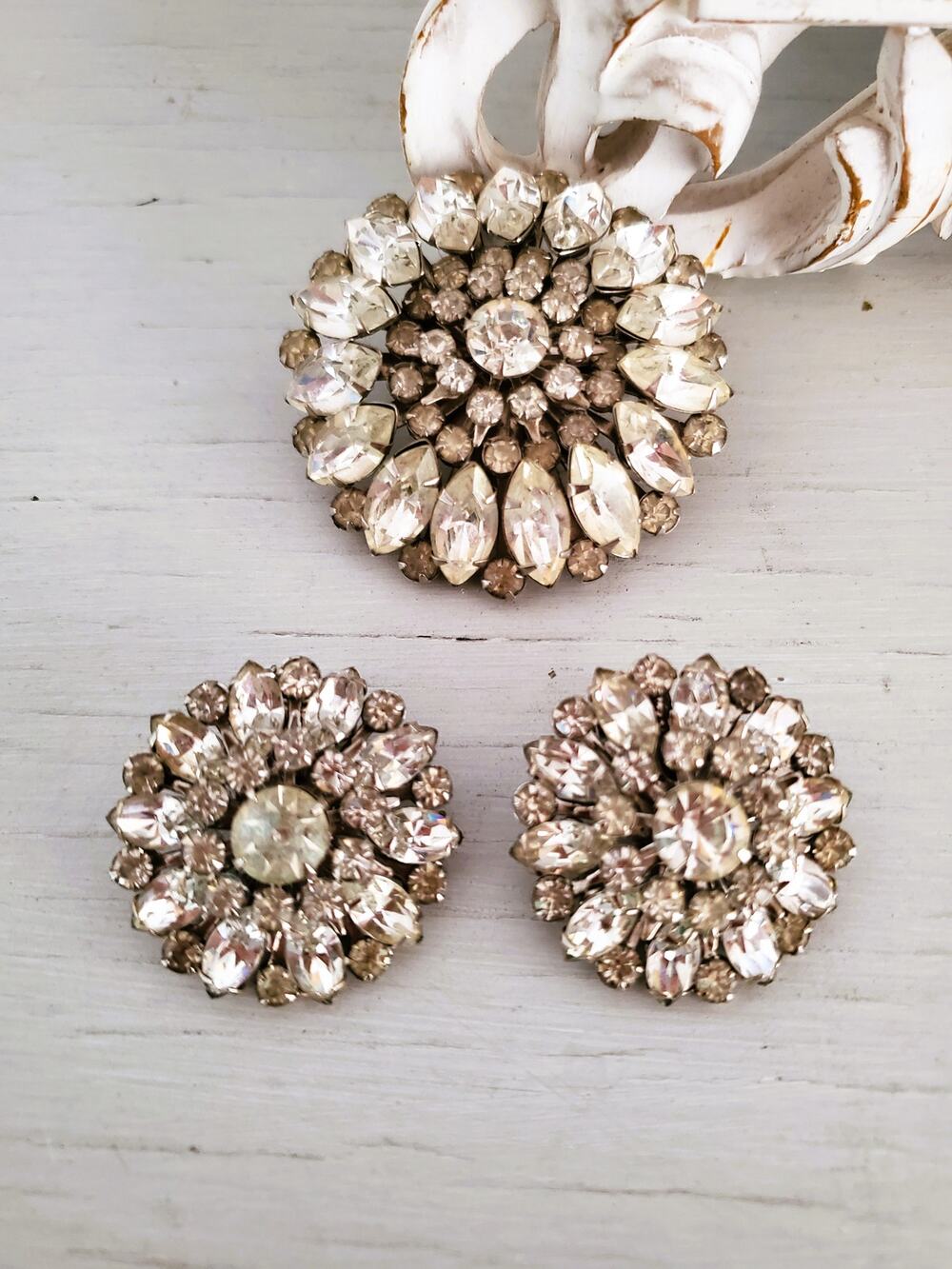 Vintage Clear Rhinestone Dome Brooch and Earring Set